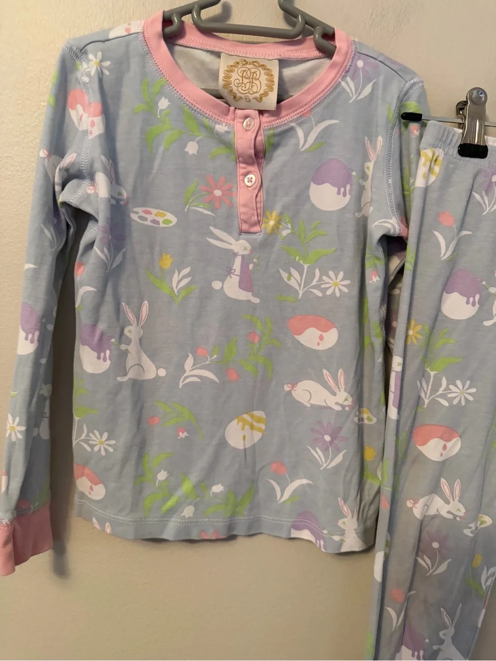 The Beaufort Bonnet Company Light Blue Bunny Print Pajama Set with Pink Trim